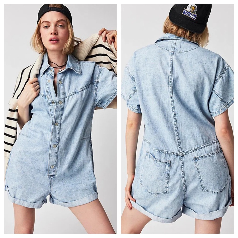 We The Free Renegade Coverall Romper One Piece Snap Buttons Denim Distressed